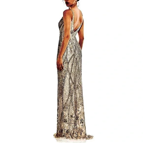 MAC DUGGAL Embellished Sleeveless Plunge Neck Low Back Gown Silver 5517 NWT - Picture 4 of 14